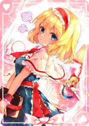 Rule 34 | 1girl, :t, absurdres, alice margatroid, apron, blonde hair, blue dress, blue eyes, blush, book, bottle, bow, bowtie, cabinet, capelet, closed mouth, commentary request, cowboy shot, dress, dutch angle, frilled capelet, frilled hairband, frilled ribbon, frills, from side, grimoire of alice, hairband, heart, highres, holding, holding book, holding polearm, holding weapon, lamp, long hair, looking at viewer, medium hair, mirror, pink ribbon, polearm, pout, red bow, red bowtie, red hairband, red ribbon, red tie, ribbon, shanghai doll, shangurira, touhou, weapon, white apron, white capelet, wrist cuffs