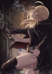 Rule 34 | absurdres, against wall, ahoge, artoria pendragon (all), artoria pendragon (fate), belt, black camisole, black jacket, black shorts, blonde hair, boots, breath, camisole, cigarette, commentary request, eto mitsuba, fate/grand order, fate (series), from side, head tilt, highres, holding, holding cigarette, jacket, saber alter (ver. shinjuku 1999) (fate), knee boots, looking to the side, official alternate costume, saber alter, short shorts, shorts, smoke, thighs, white belt, yellow eyes