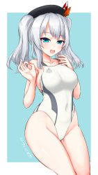 Rule 34 | 1girl, beret, black hat, blue background, blue eyes, border, breasts, commentary request, competition swimsuit, covered navel, dakku (ogitsune), dated, groin, hat, highleg, highleg swimsuit, highres, kantai collection, kashima (kancolle), large breasts, looking at viewer, one-piece swimsuit, sidelocks, silver hair, solo, swimsuit, twintails, two-tone background, wavy hair, white border, white one-piece swimsuit