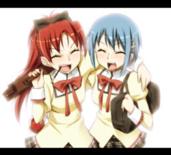 Rule 34 | 10s, 2girls, alternate costume, bloom, blue hair, closed eyes, food, laughing, letterboxed, long hair, mahou shoujo madoka magica, mahou shoujo madoka magica (anime), miki sayaka, multiple girls, pocky, ponytail, red hair, sakura kyoko, school uniform, short hair, smile, tomomimi shimon