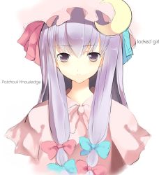 Rule 34 | 1girl, bad id, bad pixiv id, bow, character name, crescent, english text, female focus, hair bow, hat, hatss, long hair, multiple hair bows, patchouli knowledge, purple eyes, purple hair, slash (syrh3ee), solo, touhou