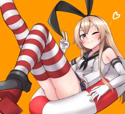 Rule 34 | 1girl, absurdres, ass, blonde hair, blush, commentary request, elbow gloves, gloves, hair between eyes, highres, kantai collection, lifebuoy, long hair, looking at viewer, one eye closed, orange background, sailor collar, school uniform, serafuku, shimakaze (kancolle), simple background, sitting, smile, solo, striped clothes, striped thighhighs, swim ring, thighhighs, tiemu (man190), v, white gloves