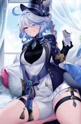 Rule 34 | 1girl, absurdres, ahoge, blue eyes, blue hair, blue hat, blue jacket, breasts, brooch, colored inner hair, commentary, english commentary, furina (genshin impact), genshin impact, gloves, grey hair, grin, hair intakes, hand up, hat, highres, indoors, izulizuru, jacket, jewelry, long sleeves, looking at viewer, medium breasts, multicolored hair, open clothes, open jacket, pillow, shirt, short shorts, shorts, sitting, smile, solo, streaked hair, thigh strap, thighs, top hat, white gloves, white shirt, white shorts