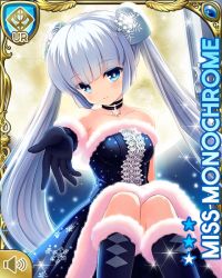 Rule 34 | 1girl, black boots, black dress, black footwear, blue background, blue eyes, blunt bangs, card, character name, christmas, closed mouth, dress, girlfriend (kari), miss monochrome, miss monochrome (character), night, official art, outdoors, qp:flapper, sitting, smile, solo, tagme, twintails, white hair
