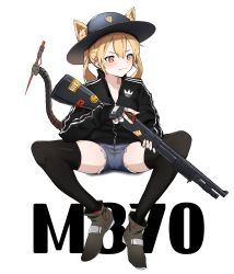 Rule 34 | 1girl, absurdres, animal ears, black gloves, black thighhighs, blonde hair, blush, cat ears, character name, closed mouth, ddari, denim, denim shorts, fang, fingerless gloves, girls&#039; frontline, gloves, gun, hair between eyes, hat, highres, holding, holding gun, holding weapon, jacket, long hair, m870 (girls&#039; frontline), mechanical tail, orange eyes, shorts, shotgun, simple background, solo, tail, thighhighs, track jacket, twintails, weapon, white background