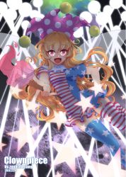 Rule 34 | 1girl, american flag dress, american flag legwear, artist name, beam, blonde hair, breasts, character name, clownpiece, contrapposto, danmaku, dated, dress, earth (planet), fairy wings, fire, foreshortening, hand on own hip, hat, jester cap, laser, long hair, looking at viewer, medium breasts, moon, neck ruff, open mouth, pinky out, planet, purple eyes, purple fire, purple hat, short sleeves, smile, solo, space, standing, star (symbol), striped clothes, striped dress, thighhighs, torch, touhou, wings, wuxu you de zuobiao, zettai ryouiki