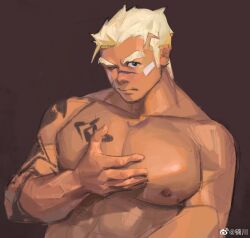 Rule 34 | 1boy, arm tattoo, bandaid, bandaid on cheek, bandaid on face, bara, blonde hair, check copyright, copyright request, dark-skinned male, dark skin, dichuan (arriverw), hand up, highres, huge eyebrows, large pectorals, long sideburns, looking at viewer, male focus, mature male, muscular, muscular male, nipples, original, pectorals, scar, scar on face, scar on nose, short hair, sideburns, solo, strongman waist, tattoo, thick eyebrows, upper body