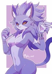 Rule 34 | 1girl, alternate form, animal ears, armlet, bracelet, breasts, cat ears, cat girl, cat tail, claws, colored sclera, earrings, fangs, furry, highres, isabella (seiken densetsu 3), jewelry, navel, necklace, no nipples, no pussy, pilz moos, purple fur, purple hair, red sclera, ring, seiken densetsu, seiken densetsu 3, slit pupils, tail