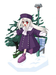 Rule 34 | 1girl, bench, blush, boots, coat, fate/stay night, fate (series), full body, fur hat, hat, illyasviel von einzbern, kaze shibuki, lamppost, long hair, looking at viewer, mittens, open mouth, papakha, purple coat, purple hat, red eyes, scarf, smile, snow, solo, tree, white hair, white mittens, white scarf, winter clothes