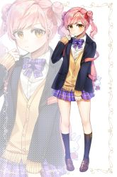 Rule 34 | 1boy, 1girl, backpack, bag, bag charm, black jacket, black socks, blazer, blush, border, bow, bowtie, brown eyes, brown footwear, charm (object), closed mouth, collared shirt, double bun, full body, gijang, hair bun, hair ribbon, highres, jacket, kneehighs, legs apart, loafers, long sleeves, looking at viewer, miniskirt, off shoulder, open clothes, open jacket, original, pigeon-toed, pink hair, plaid, plaid bow, plaid bowtie, plaid neckwear, plaid skirt, polka dot, purple bow, purple bowtie, purple skirt, red ribbon, ribbon, school uniform, shirt, shoes, short hair, skirt, sleeves past wrists, socks, solo, standing, stuffed animal, stuffed rabbit, stuffed toy, swept bangs, two side up, white shirt, wing collar, zoom layer