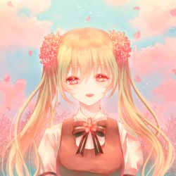 Rule 34 | 1girl, :d, blue sky, bow, bowtie, cherry blossoms, cloud, day, esol 98, floating hair, flower, green hair, hair between eyes, hair flower, hair ornament, hatsune miku, highres, long hair, looking at viewer, open mouth, outdoors, pink eyes, pink flower, shirt, short sleeves, sky, smile, solo, striped bow, striped bowtie, striped clothes, striped neckwear, twintails, upper body, very long hair, vocaloid, white shirt