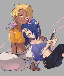 Rule 34 | + +, 2girls, bare shoulders, barefoot, black leggings, blonde hair, blue hair, blue nails, blue shirt, butterfly sitting, closed mouth, colored inner hair, commentary, cropped shirt, dark-skinned female, dark skin, ear piercing, english commentary, eyeliner, fang, folding fan, frye (splatoon), gomipomi, gradient hair, grey background, hachimaki, hair ornament, hair over one eye, hair scrunchie, hair tie, half-closed eyes, hand fan, hand on another&#039;s shoulder, headband, holding, holding fan, humanization, inkling, leaning back, leaning on person, leggings, looking at viewer, low ponytail, makeup, midriff, multicolored hair, multiple girls, nail polish, navel, nintendo, octoling, off-shoulder shirt, off shoulder, orange scrunchie, orange shirt, pale skin, pants, parachute pants, piercing, pink hair, purple hair, purple nails, red eyes, sarashi, scrunchie, see-through, shirt, shiver (splatoon), short hair, simple background, sitting, smile, splatoon (series), splatoon 3, torn clothes, torn leggings, white headband, white pants, yellow eyes