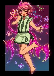 Rule 34 | 1jumangoku, 1other, androgynous, bare arms, bare legs, barefoot, black border, blue background, border, commentary request, energy wings, flower, full body, gradient background, green trim, high collar, highres, japanese clothes, kimono, leg up, len&#039;en, light blush, looking at viewer, one eye closed, open mouth, other focus, outline, pink background, pink eyes, pink flower, pink hair, pointing, pointing at self, shion (len&#039;en), short hair, short kimono, short sleeves, smile, solo, triangular headpiece, white kimono, white outline, white sleeves