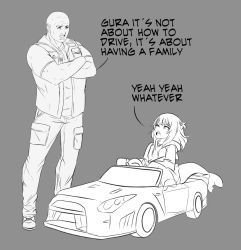 Rule 34 | 1boy, 1girl, bald, but family is stronger (meme), car, crossed arms, crossover, dominic toretto, driving, english text, fast &amp; furious, fins, fish tail, gawr gura, grey background, greyscale, highres, hololive, hololive english, medium hair, meme, monochrome, motor vehicle, nissan, nissan gt-r, open mouth, peagade, shark tail, shirt, simple background, sketch, tail, teeth, the fast and the furious, two side up, upper teeth only, vest, vin diesel, virtual youtuber