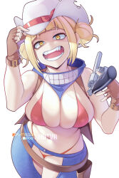 Rule 34 | 1girl, arm up, between breasts, bikini, blonde hair, blunt bangs, boku no hero academia, breasts, brown gloves, commentary, cowboy hat, cowboy shot, double bun, english commentary, fingerless gloves, gloves, gun, hair bun, hand up, hat, highres, holding, holding gun, holding weapon, hot vr, large breasts, leaning forward, looking at viewer, messy hair, navel, open mouth, patreon logo, patreon username, pixiv logo, pixiv username, red bikini, simple background, skindentation, slit pupils, smile, solo, swimsuit, thick thighs, thighs, toga himiko, torn clothes, torn hat, weapon, white background, white hat, yellow eyes