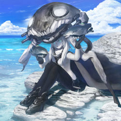 Rule 34 | 10s, 1girl, abyssal ship, bodysuit, cape, cloud, day, enemy aircraft (kancolle), eno (eno gallery), gloves, glowing, highres, kantai collection, long hair, monster, ocean, pale skin, personification, silver hair, sky, soaking feet, solo, water, wo-class aircraft carrier