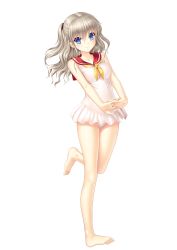 Rule 34 | 1girl, absurdres, barefoot, blue eyes, breasts, casual one-piece swimsuit, charlotte (anime), closed mouth, collarbone, full body, hair between eyes, highres, long hair, looking at viewer, medium breasts, na-ga, neckerchief, official art, one-piece swimsuit, red sailor collar, sailor collar, silver hair, simple background, smile, solo, standing, standing on one leg, swimsuit, tomori nao, white background, white one-piece swimsuit, yellow neckerchief
