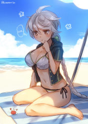 Rule 34 | 1girl, alternate costume, asymmetrical hair, bare legs, barefoot, beach, blue sky, braid, breasts, brown eyes, cleavage, cloud, day, hard-translated, kantai collection, large breasts, long hair, looking down, mika (1020mk), navel, outdoors, silver hair, single braid, sitting, sky, swimsuit, third-party edit, translated, unryuu (kancolle), very long hair, water, wavy hair