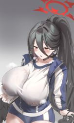 Rule 34 | 1girl, absurdres, black hair, black wings, blue archive, blue shorts, blush, breasts, covered erect nipples, gradient background, gym shirt, gym shorts, hair between eyes, halo, hasumi (blue archive), hasumi (track) (blue archive), highres, horin, huge breasts, jacket, long hair, ponytail, red eyes, see-through, see-through shirt, shirt, shorts, sitting, solo, sweat, track jacket, very long hair, white shirt, wings