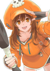 Rule 34 | 1girl, breasts, brown eyes, brown hair, downblouse, fingerless gloves, gloves, guilty gear, guilty gear strive, hat, highres, hood, hoodie, leaning forward, looking at viewer, may (guilty gear), nipples, no bra, open mouth, oversized clothes, salute, simple background, small breasts, smile, white background