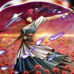 Rule 34 | 1girl, ajishio, breasts, female focus, flower, large breasts, looking at viewer, onozuka komachi, red hair, scythe, serious, short hair, solo, spider lily, touhou, twintails, two side up