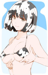 Rule 34 | 1girl, animal print, armpits, bad id, bad twitter id, bikini, black hair, bob cut, breasts, character request, collarbone, copyright request, cow print, eyes visible through hair, grabbing own breast, highres, large breasts, mole, mole under mouth, nail polish, no pupils, smile, swimsuit, tagme, upper body, white hair, yoshinaga yunosuke
