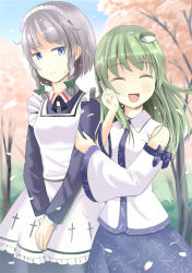 Rule 34 | 2girls, a (aaaaaaaaaaw), apron, blue eyes, bow, braid, cherry blossoms, detached sleeves, closed eyes, frog hair ornament, green hair, hair bow, hair ornament, hand on own face, holding another&#039;s arm, izayoi sakuya, kochiya sanae, light smile, long hair, long sleeves, looking at another, maid headdress, multiple girls, open mouth, outdoors, own hands together, short hair, sideways glance, silver hair, skirt, skirt set, sweatdrop, touhou, tree, twin braids, v arms