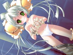 Rule 34 | 1girl, angel report, bell, belt, blue panties, blush, bow, bow panties, breasts, clothes pull, dutch angle, game cg, green eyes, hair bell, hair bow, hair ornament, large bow, long hair, m ecchi kei, nipples, panties, pants, pants pull, ruru (angel report), shirt pull, sideways, solo, topless, underwear, undressing, white hair