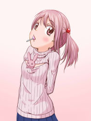 Rule 34 | 10s, 1girl, arms behind back, blue skirt, blush, rabbit, candy, cleavage cutout, clothing cutout, food, food in mouth, hair bobbles, hair ornament, kantai collection, lollipop, meme attire, open-chest sweater, pink eyes, pink hair, pleated skirt, ribbed sweater, sazanami (kancolle), sazanami konami, short hair, skirt, solo, sweater, turtleneck, twintails