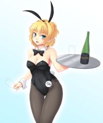 Rule 34 | 1girl, animal ears, bare shoulders, black pantyhose, blonde hair, blush, bottle, bow, bowtie, breasts, cleavage, cup, detached collar, drinking glass, fake animal ears, female focus, gluteal fold, green eyes, isaki (gomi), large breasts, leotard, looking at viewer, mizuhashi parsee, name tag, open mouth, pantyhose, playboy bunny, pointy ears, rabbit ears, rabbit tail, short hair, simple background, solo, tail, thigh gap, touhou, tray, wine bottle, wine glass, wrist cuffs