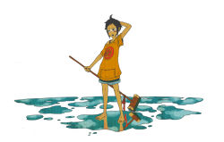 Rule 34 | 1boy, bandaid, barefoot, black hair, broom, goggles, male focus, off shoulder, open mouth, reflection, short hair, shorts, simple background, solo, sousuke (sauceke), water, white background