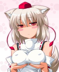 Rule 34 | 1girl, animal ears, bare shoulders, blush stickers, breast hold, breast lift, breasts, covered erect nipples, detached sleeves, empty eyes, female focus, hat, inubashiri momiji, nori tamago, red eyes, short hair, silver hair, solo, tail, tokin hat, touhou, upper body, wolf ears, wolf tail