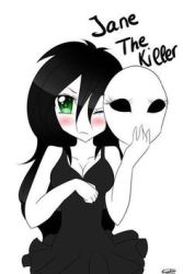 Rule 34 | 1girl, black hair, creepypasta, dress, female focus, green eyes, jane the killer, lowres, mask, partially colored, solo, white background