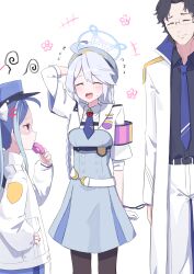 Rule 34 | +++, 1boy, 2girls, absurdres, ahoge, belt, black hair, black pantyhose, black shirt, blue archive, blue hair, blue halo, blue headwear, blue necktie, braid, chinese commentary, closed eyes, closed mouth, collared shirt, doughnut, dress, food, fubuki (blue archive), glasses, gloves, grey dress, grey hair, grey headwear, halo, hat, highres, holding, holding food, jacket, kirino (blue archive), long hair, long sleeves, multicolored hair, multiple girls, necktie, open clothes, open jacket, open mouth, pants, pantyhose, peaked cap, pink halo, red eyes, sensei (blue archive), shirt, short hair, simple background, smile, t-hou, twin braids, white background, white belt, white gloves, white jacket, white pants