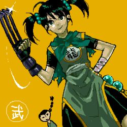 Rule 34 | artist request, black hair, character request, china dress, chinese clothes, chunsoft, claw (weapon), dragon quest, dragon quest iii, dress, enix, fighter (dq3), hand on own hip, lowres, smile, square enix, twintails, weapon, yellow background