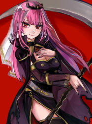 Rule 34 | 1girl, \n/, absurdres, arm under breasts, blunt bangs, breasts, cape, cleavage, cleavage cutout, clothing cutout, floating hair, hand on own chest, highres, holding, holding scythe, hololive, hololive english, leaning back, light smile, long hair, looking to the side, mamiya miya, mori calliope, mori calliope (1st costume), nail polish, pink hair, red background, red eyes, scythe, solo, thighhighs, tiara, tsurime, veil, virtual youtuber