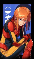 Rule 34 | 1girl, artist name, black bodysuit, black border, blue background, blue eyes, bodysuit, boots, border, character name, closed mouth, dated, elbow pads, expressionless, gloves, gundam, gundam zz, hair between eyes, hand on own knee, looking at viewer, normal suit, orange hair, outside border, pilot suit, puru two, red footwear, red gloves, short hair, short hair with long locks, shoulder pads, sidelocks, signature, simple background, sitting, solo, werkbau