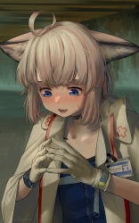 Rule 34 | 1girl, absurdres, animal ear fluff, animal ears, arknights, blue shirt, cloak, cross, embarrassed, fingers together, fox ears, fox girl, gloves, highres, infection monitor (arknights), material growth, medic, name tag, open cloak, open clothes, oripathy lesion (arknights), red cross, shirt, solo, sussurro (arknights), welt (kinsei koutenkyoku), white gloves