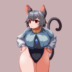 Rule 34 | absurdres, animal ears, black leotard, blue capelet, capelet, einzeilhandery, einzeilhandery, formicid (style), grey hair, highres, leotard, long sleeves, mouse ears, mouse girl, mouse tail, namako (takorin) (style), nazrin, pixel art, red eyes, short hair, tail, thick thighs, thighs, touhou, v-shaped eyebrows