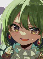 Rule 34 | 1girl, absurdres, brown eyes, close-up, commentary request, earrings, green hair, highres, idolmaster, idolmaster shiny colors, jewelry, looking at viewer, nanakusa nichika, open mouth, portrait, simple background, solo, sukoyaka (100hituzi), sweatdrop, swept bangs, upper body