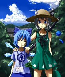 Rule 34 | circled 9, 2girls, alternate costume, arm at side, bandaid, bandaid on face, bare arms, blue eyes, blue hair, bokuden, cirno, cloud, contemporary, day, dress, closed eyes, facing viewer, frog, green dress, hand on another&#039;s shoulder, hat, holding, house, ice, ice wings, konpaku youmu, looking at viewer, multiple girls, outdoors, outstretched arm, shirt, short sleeves, silver hair, sky, sleeveless, sleeveless dress, smile, straw hat, sun hat, sundress, t-shirt, touhou, tree, wind chime, wings