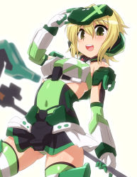 Rule 34 | 1girl, akatsuki kirika, armor, bare shoulders, blonde hair, blush, breasts, cosplay, covered navel, elbow gloves, frame arms girl, gloves, gourai, gourai (cosplay), green eyes, hair ornament, headgear, highres, looking at viewer, mecha musume, medium breasts, open mouth, panties, scythe, senki zesshou symphogear, shiny clothes, shiny skin, short hair, simple background, skirt, solo, standing, striped clothes, striped panties, striped thighhighs, teeth, thighhighs, underwear, white background, yoshi tama