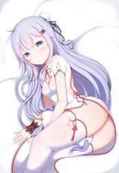 Rule 34 | 1girl, absurdres, ahoge, ass, azur lane, bed sheet, black ribbon, blush, breasts, bun cover, china dress, chinese clothes, closed mouth, commentary request, dress, hair bun, hair ribbon, highres, long hair, looking at viewer, lying, on side, one side up, purple eyes, purple hair, ribbon, short sleeves, side bun, single hair bun, single side bun, small breasts, solo, starfox1015, stuffed animal, stuffed toy, stuffed unicorn, thighhighs, unicorn (azur lane), unicorn (the gift of spring) (azur lane), very long hair, white dress, white thighhighs, wrist cuffs
