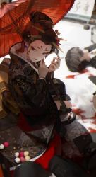 Rule 34 | 1girl, between fingers, black hair, black kimono, blood, blurry, bullet, carrying over shoulder, cigarette, commentary, corpse, dango, death, depth of field, earrings, eyeliner, food, formal, from above, from side, geta, gun, hair ornament, hair stick, hands up, head tilt, highres, holding, holding cigarette, holding umbrella, holster, holstered, idoukunn, japanese clothes, jewelry, kimono, light smile, lipstick, long sleeves, looking to the side, makeup, nihongami, obi, oil-paper umbrella, original, out of frame, red umbrella, sash, shade, short eyebrows, sideways glance, sitting, solo focus, suit, tiles, umbrella, wagashi, weapon, white legwear, wide sleeves, widow&#039;s peak