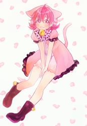 Rule 34 | 1girl, :3, aida mana, animal ears, bell, blush, boots, bow, bowtie, cat ears, cat tail, dokidoki! precure, hood, hoodie, lace-trimmed sleeves, lace trim, petals, pink eyes, pink hair, pink theme, precure, puffy short sleeves, puffy sleeves, short hair, short sleeves, solo, tail, tsugihagi