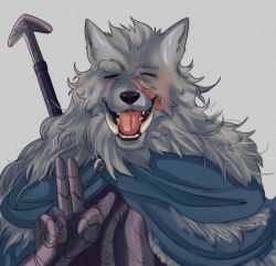Rule 34 | 1boy, :d, animal head, armor, blaidd the half-wolf, blue cape, breastplate, cape, elden ring, closed eyes, facial scar, film grain, furry, furry male, gauntlets, grey background, male focus, open mouth, scar, scar on cheek, scar on face, simple background, smile, solo, spicytanuki13, sword, tusks, v, weapon, weapon on back