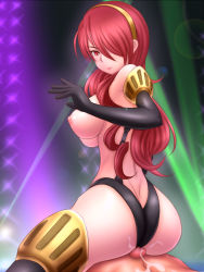 Rule 34 | 1girl, ass, atlus, bare shoulders, breasts, buttjob, cum, cum on ass, cum on body, cum on lower body, ejaculation, high-cut armor (persona), highres, hiro (hankakudouga), huge ass, kirijou mitsuru, large breasts, looking at viewer, looking back, penis, persona, persona 3, persona 4: the ultimate in mayonaka arena, red hair, topless, uncensored