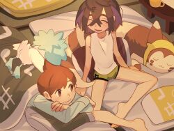 2boys :d barefoot blue_shirt brown_eyes brown_hair closed_eyes closed_mouth commentary_request creatures_(company) crossed_bangs cup florian_(pokemon) furret futon game_freak gen_2_pokemon green_male_underwear hair_between_eyes highres indoors kieran_(pokemon) long_sleeves lying male_focus male_underwear mole mole_on_neck multiple_boys nintendo on_stomach open_mouth pillow pokemon pokemon_(creature) pokemon_sv quaxly shirt short_hair sitting sleeveless sleeveless_shirt smile suikaels table tatami toes underwear white_shirt