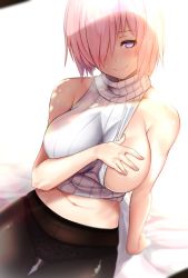 Rule 34 | 1girl, black pantyhose, breasts, closed mouth, covering one breast, covering privates, fate/grand order, fate (series), hair over one eye, large breasts, looking at viewer, mash kyrielight, medium hair, no bra, pantyhose, purple eyes, simple background, sitting, smile, solo, sweater, untue, white background, white sweater