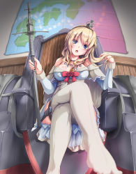 Rule 34 | 10s, 1girl, absurdres, blonde hair, blue eyes, blurry, braid, corset, crossed legs, crown, depth of field, dress, feet, foot focus, french braid, garter straps, highres, kantai collection, long hair, long sleeves, maimu (gol-em-1226), map, mini crown, no shoes, off-shoulder dress, off shoulder, sitting, solo, thighhighs, warspite (kancolle), white dress, white thighhighs
